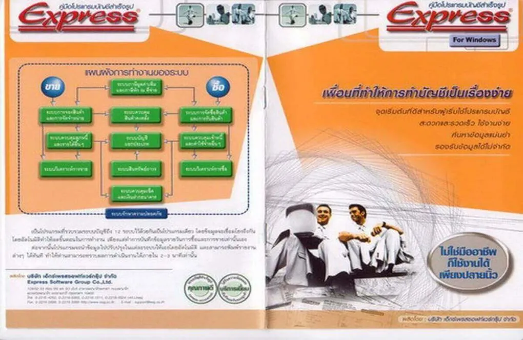 โบรชัวร์โปรแกรมบัญชีสำเร็จรูป Express for Windows แสดงแผนผังการทำงานของระบบและข้อความ "เพื่อนที่ทำให้การทำบัญชีเป็นเรื่องง่าย"
